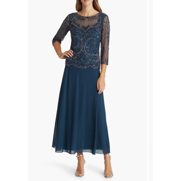 PISARRO NIGHTS Beaded Mesh Gown Size 4 Blue Rich Sapphire Mock Two-Piece NWT - Picture 1 of 13